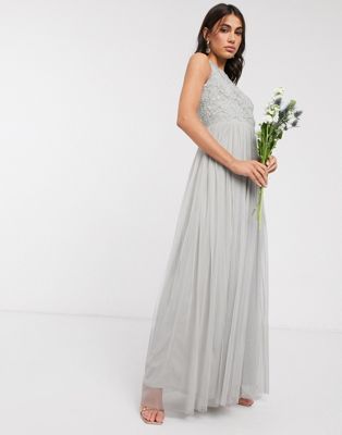 Beauut embellished maxi dress with pleated skirt in light gray | ASOS