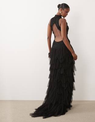 Beauut Embellished Sleeveless Cut Out Back Maxi Dress With Ruffled Volume Skirt In Black