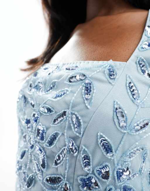Beauut embellished square neck crop top co-ord in light blue, 3 of 4