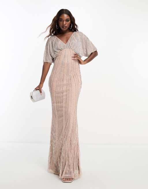 Beauut embellished v neck maxi dress in taupe