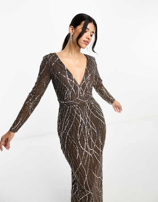 Beauut embellished v neck maxi dress with long sleeve in chocolate brown