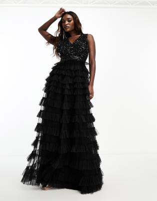 Beauut Beauut embellished v-neck maxi dress with tiered skirt in black