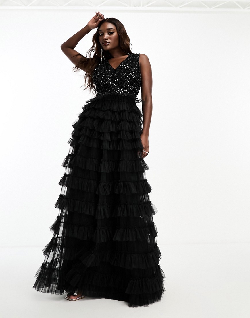 Beauut embellished v-neck maxi dress with tiered skirt in black