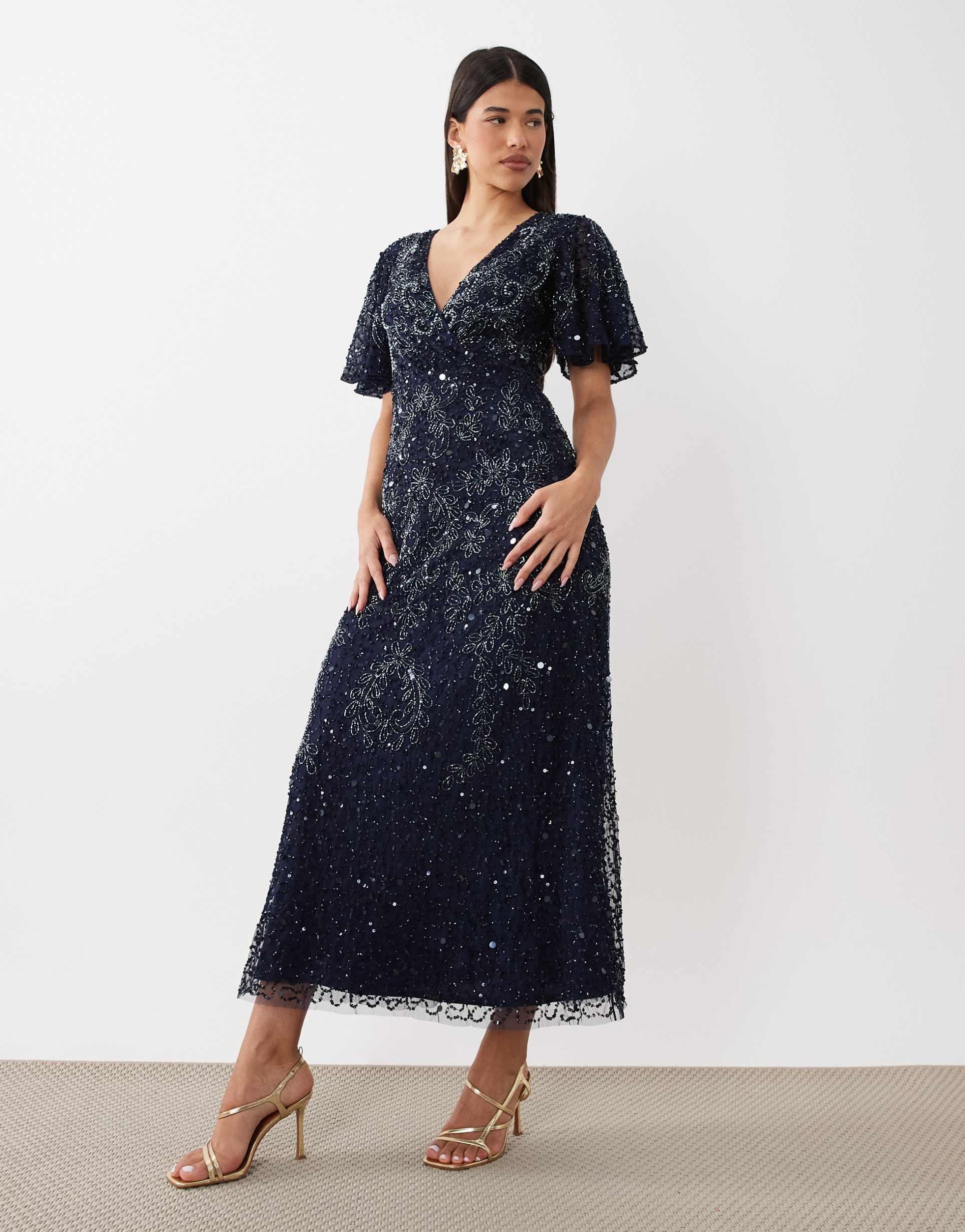 beauut embellished v neck wrap flutter sleeve maxi dress in navy