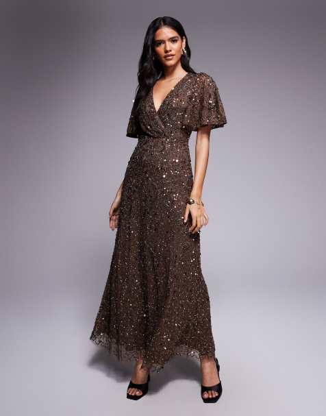 Beauut embellished v wrap flutter sleeve maxi dress in chocolate brown