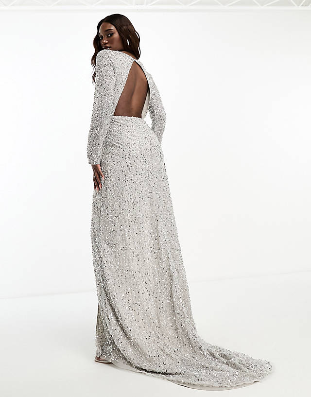 Beauut - embellished wrap maxi dress with long sleeve in grey