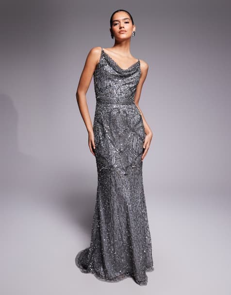 Beauut fully embellished beaded cami cowl neck train maxi dress in charcoal - view 1