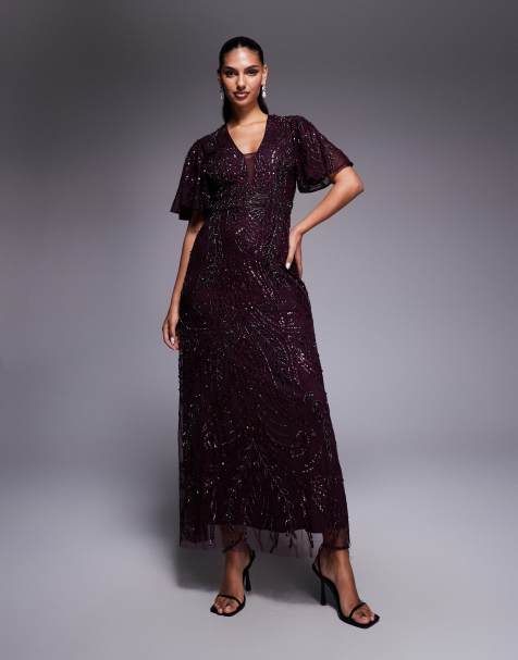 Beauut fully embellished beaded mech v neck flutter sleeve maxi dress in burgundy - view 1