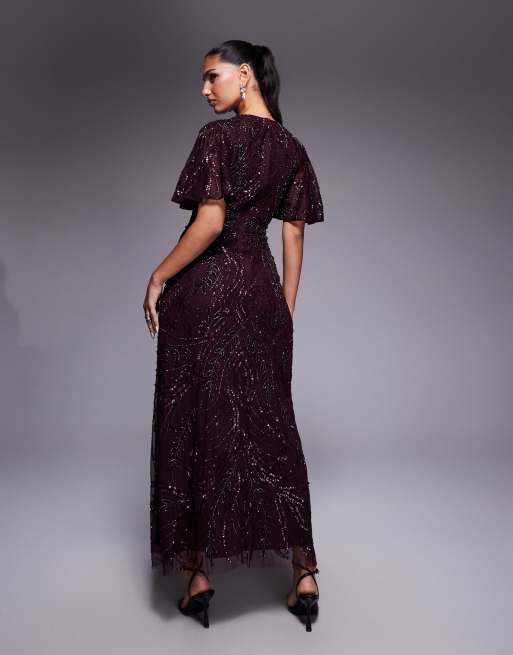 Beauut fully embellished beaded mech v-neck flutter sleeve maxi dress in burgundy, 2 of 4