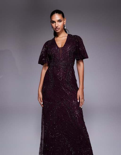 Beauut fully embellished beaded mech v-neck flutter sleeve maxi dress in burgundy, 3 of 4