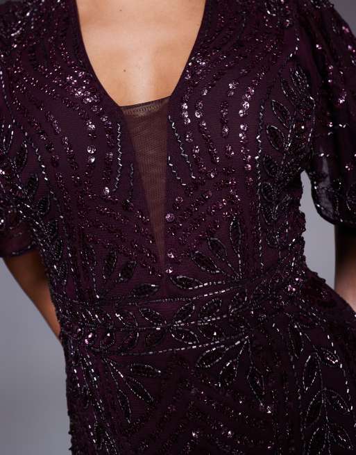 Beauut fully embellished beaded mech v-neck flutter sleeve maxi dress in burgundy, 4 of 4