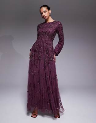 Beauut Beauut fully embellished beaded mesh overlay balloon sleeve maxi dress in plum-Purple