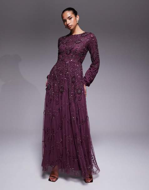 Beauut fully embellished beaded mesh overlay balloon sleeve maxi dress in plum - view 1