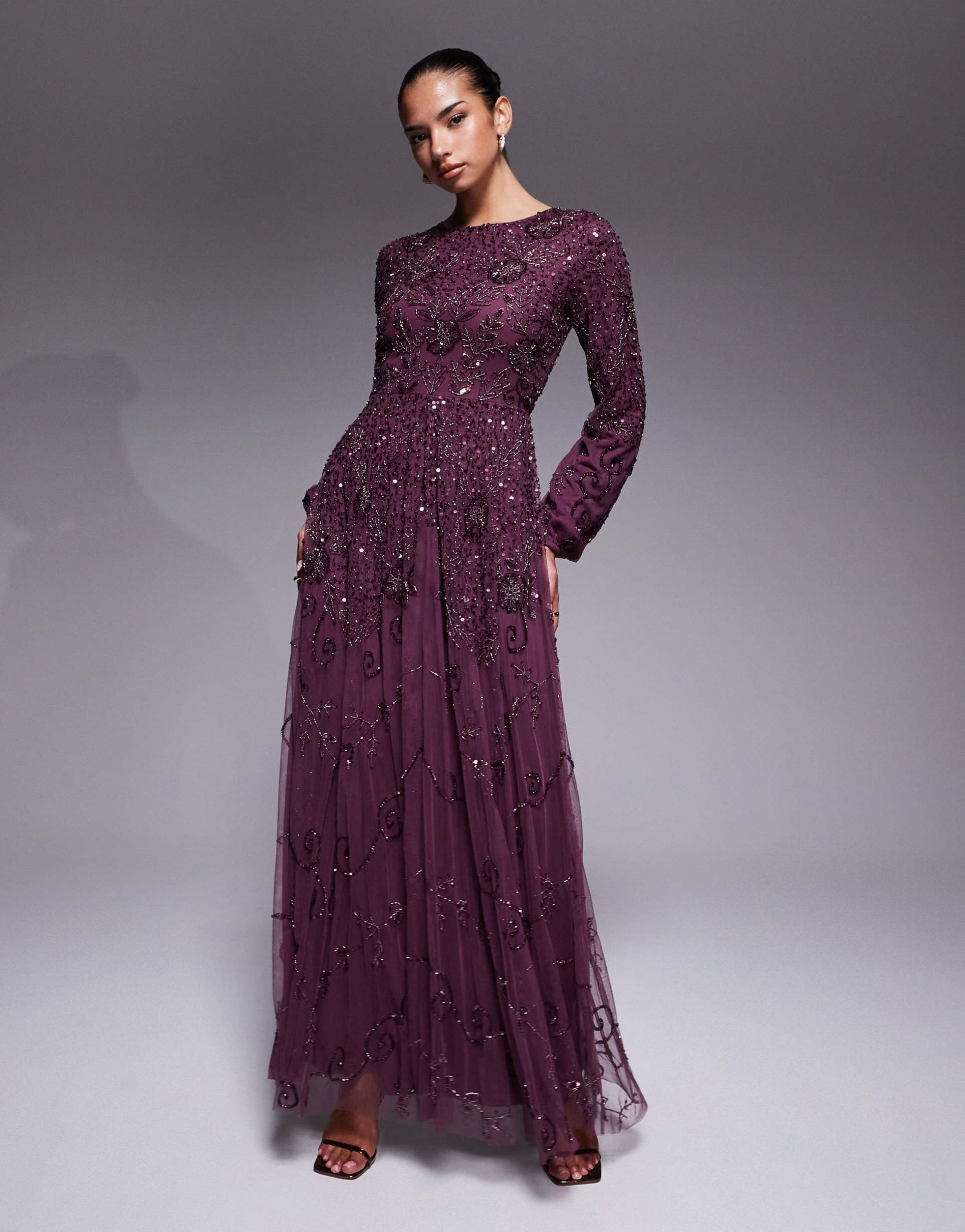 beauut fully embellished beaded mesh overlay balloon sleeve maxi dress in plum