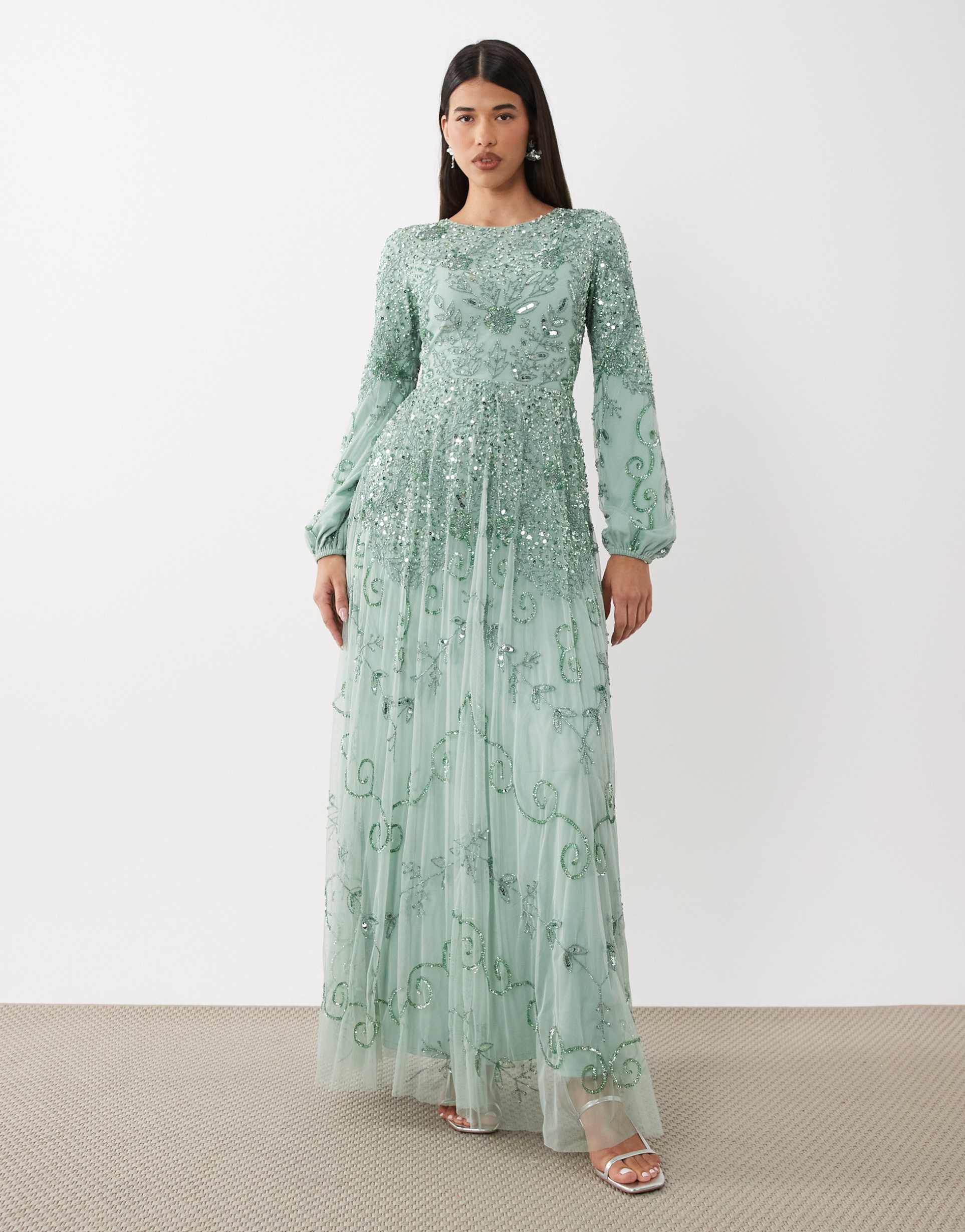 beauut fully embellished beaded mesh overlay balloon sleeve maxi dress in sage green