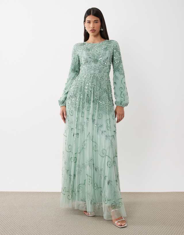 beaded maxi dress with sleeves Beauut fully embellished mesh overlay balloon sleeve in sage green Rental Period:4 Days
