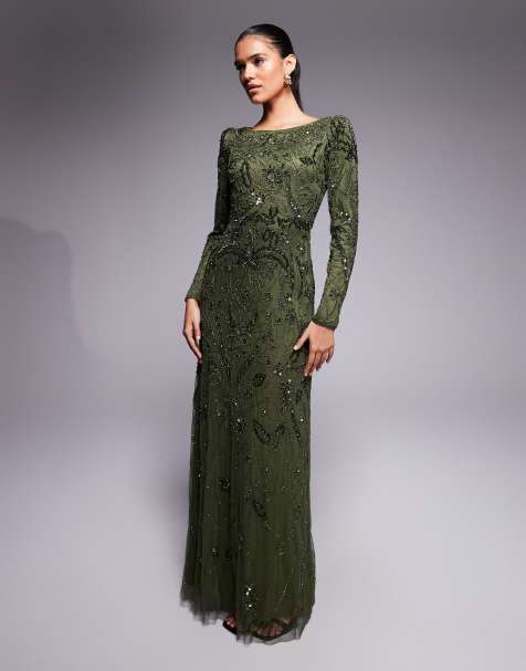 Beauut fully embellished beaded mesh overlay slash neck maxi dress in green - view 1