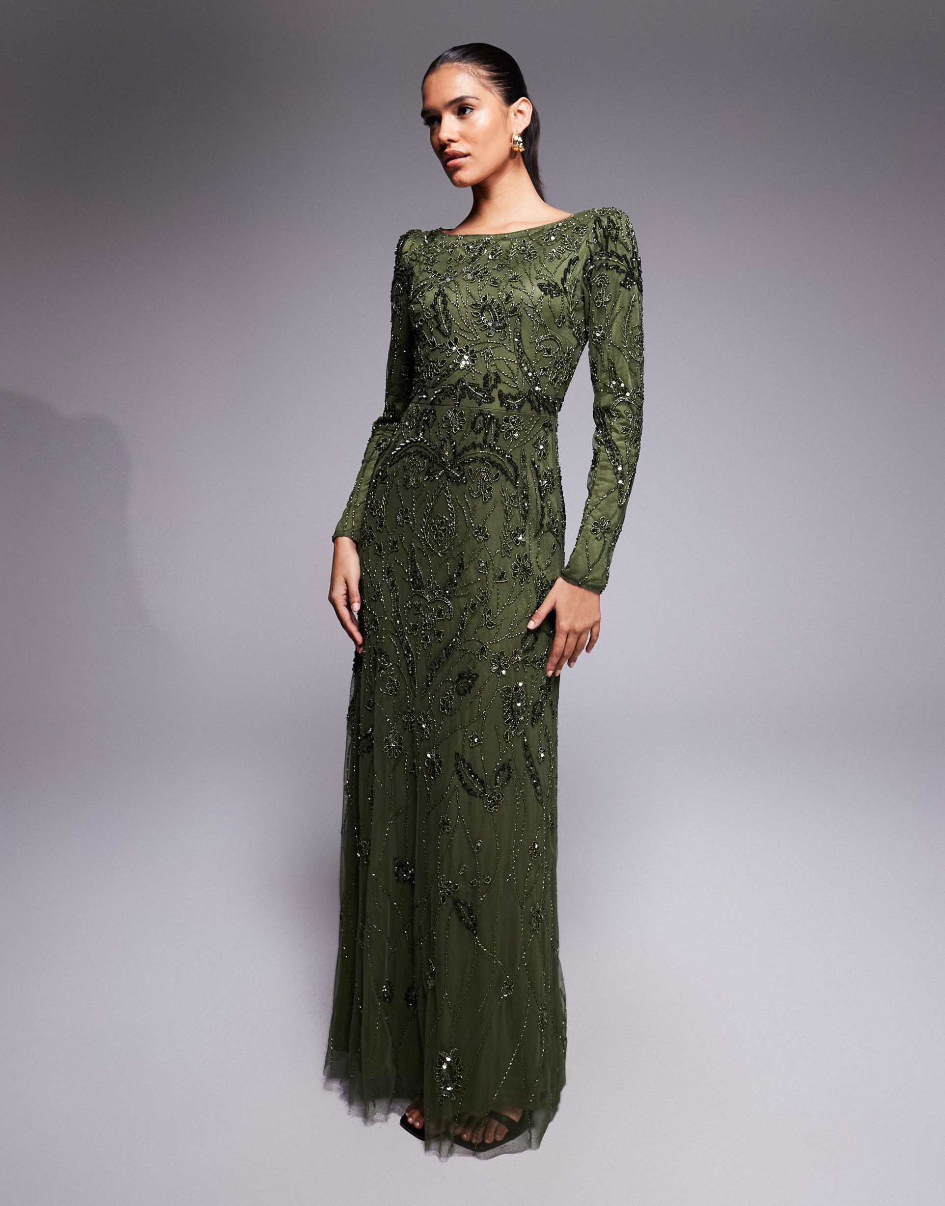 beauut fully embellished beaded mesh overlay slash neck maxi dress in green