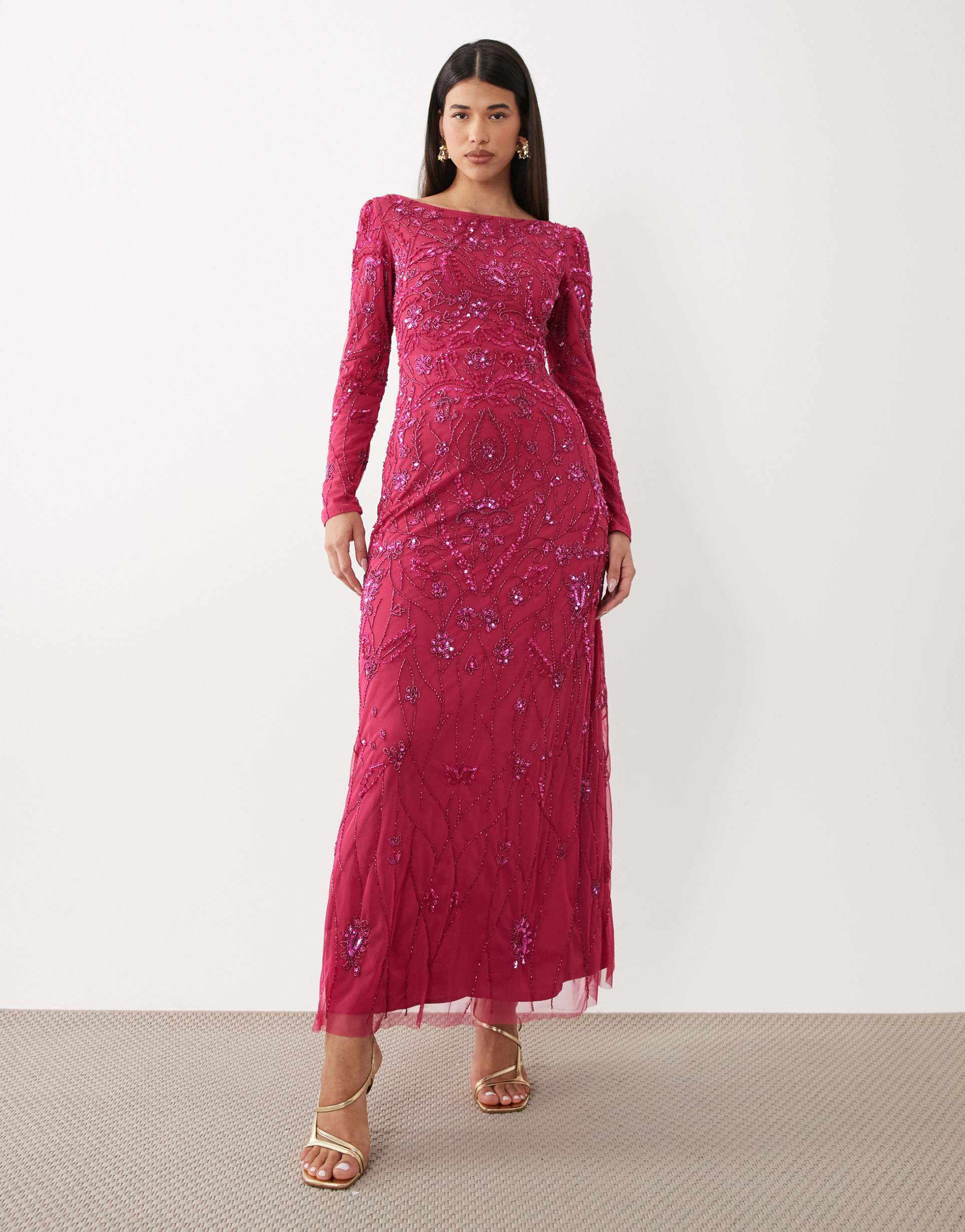 beauut fully embellished beaded mesh overlay slash neck maxi dress in pink
