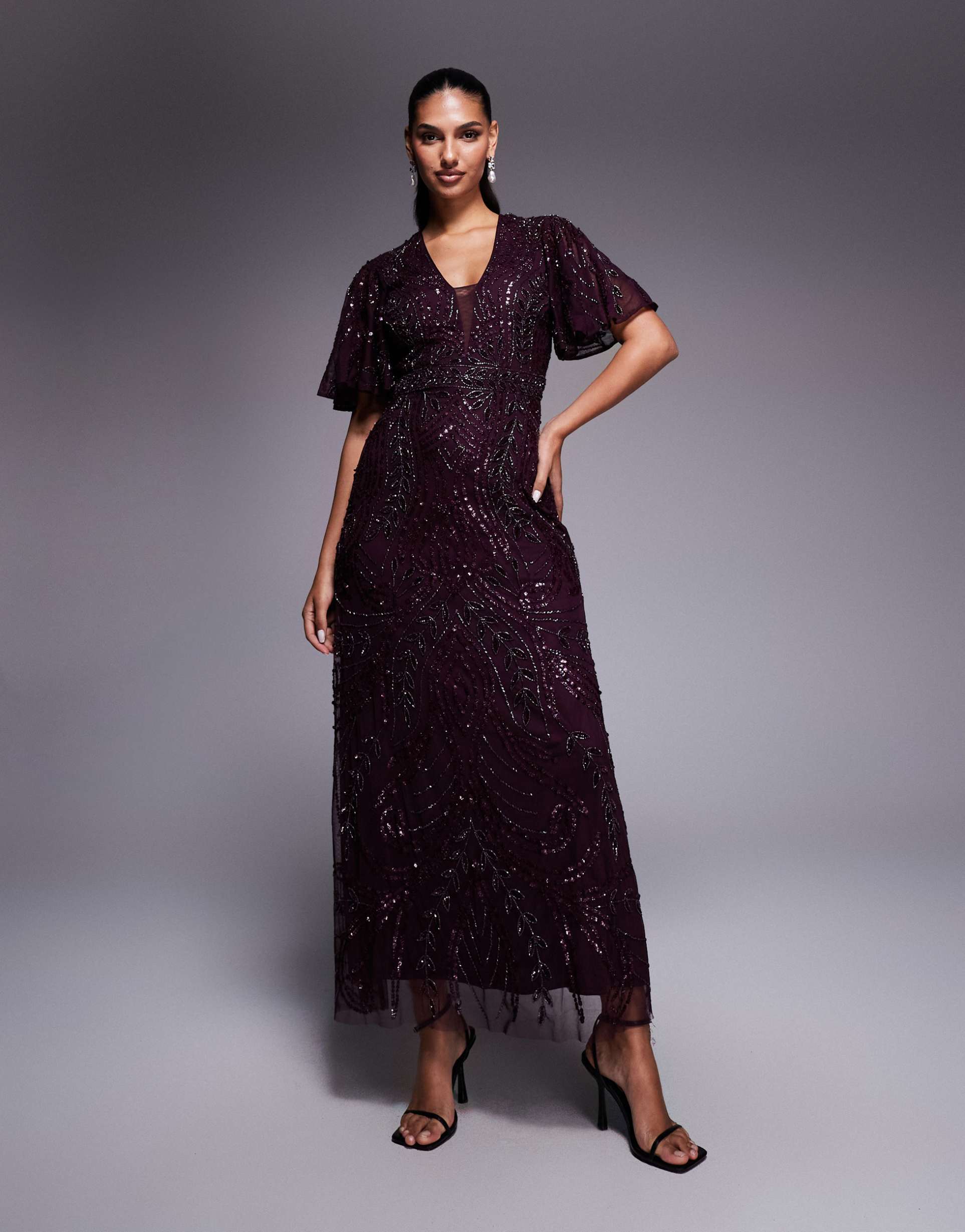 beauut fully embellished beaded mesh v-neck flutter sleeve maxi dress in burgundy