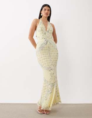 Beauut Fully Embellished Beaded Plunge Halter Neck Maxi Dress In Yellow