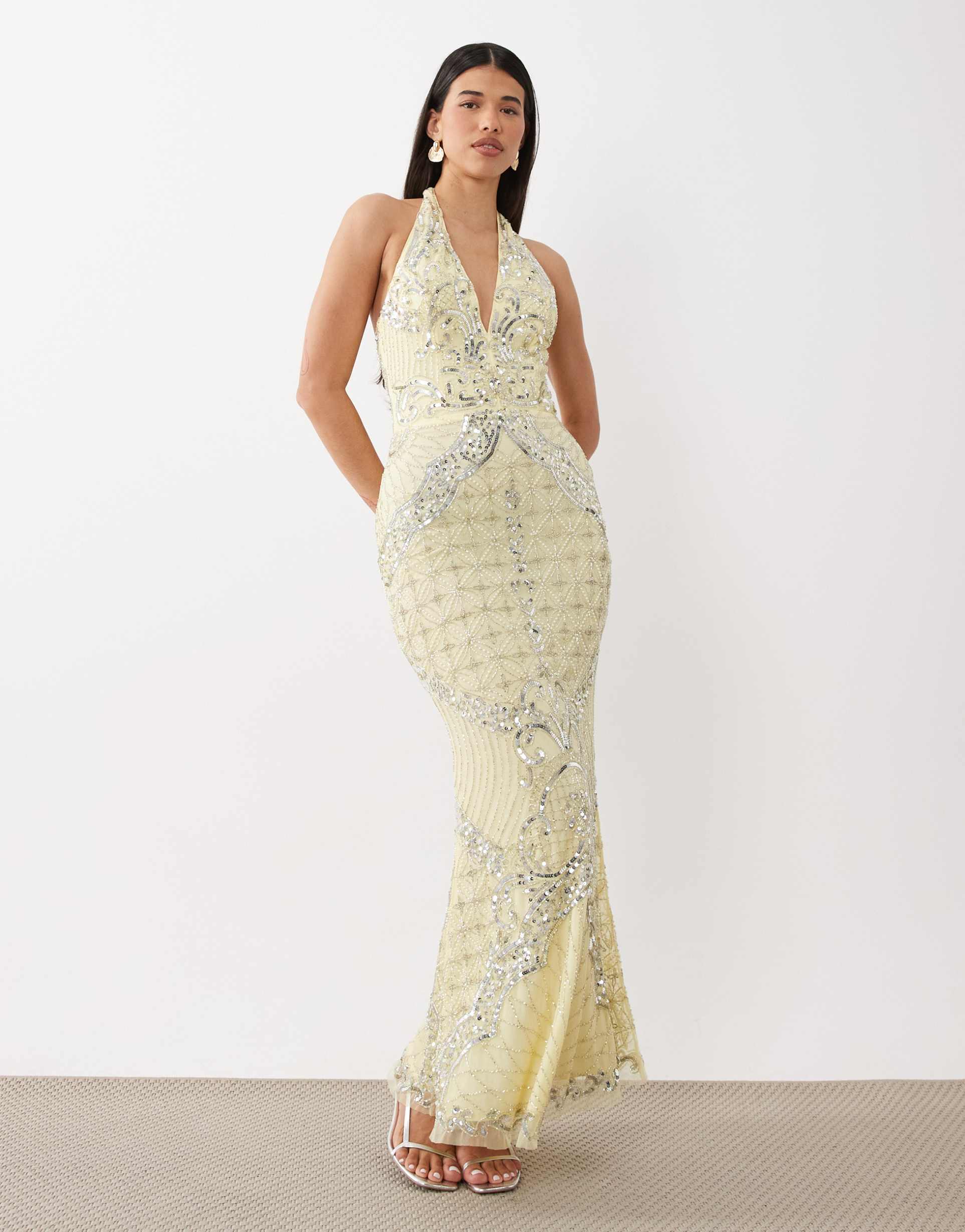 beauut fully embellished beaded plunge halter neck maxi dress in lemon