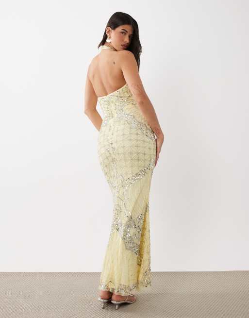 Beauut fully embellished beaded plunge halter neck maxi dress in lemon, 4 of 4
