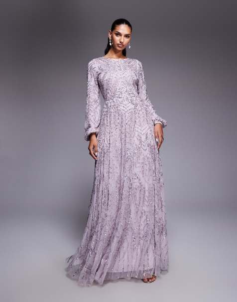 Beauut fully embellished sequin bead mix balloon sleeve maxi dress in purple - view 1