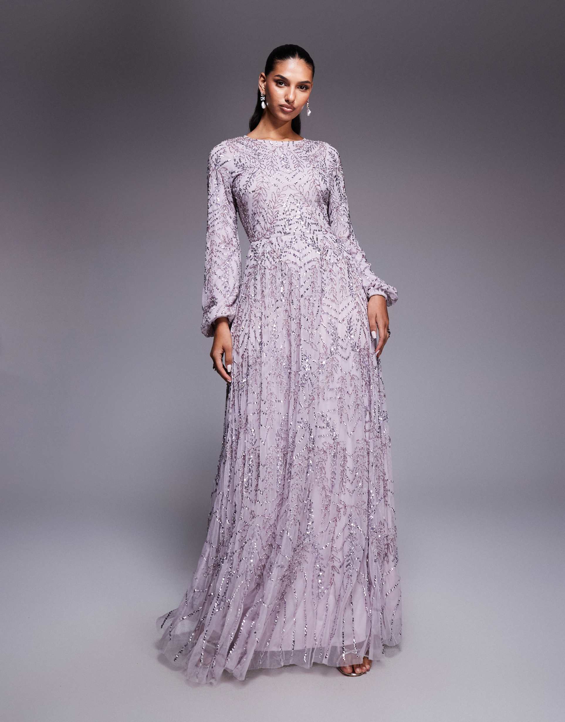 beauut fully embellished sequins and beads mix balloon sleeve maxi dress in purple