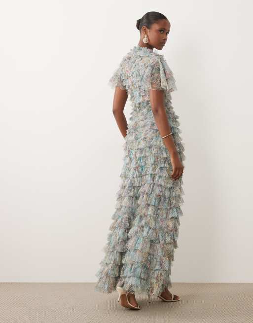 Beauut – Gestuftes, voluminöses, mehrfarbiges Maxikleid mit Rüschen und Flatterärmeln, 3 von 4