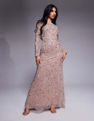 Grace boat neck embellished maxi dress in blush-pink