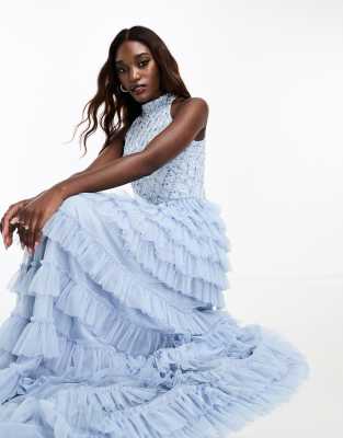 Beauut Beauut halter-neck embellished maxi dress with tiered hem in blue