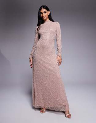 Iba floral embellished high neck maxi dress in blush-pink