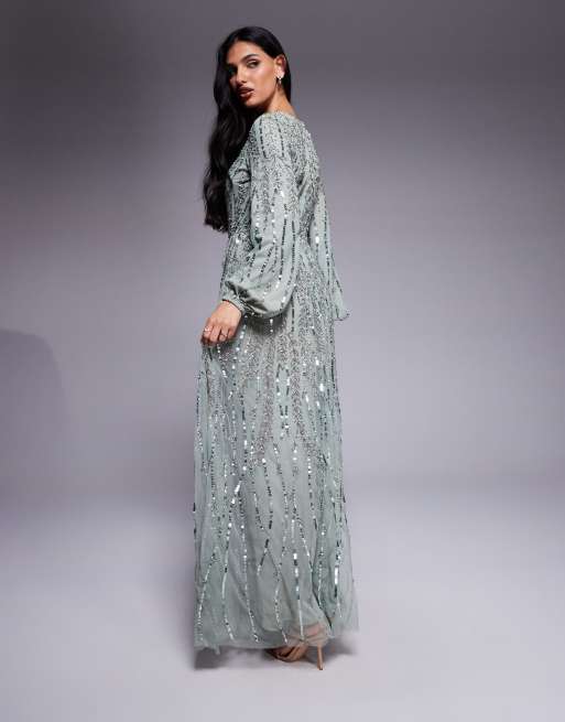 Beauut Jana embellished long sleeve maxi dress in green, 2 of 4
