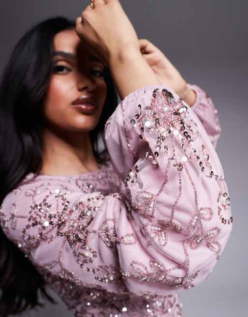 Beauut Jenna embellished long sleeve maxi dress in pink