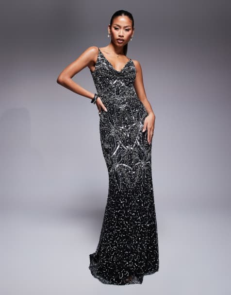 Beauut - Joan - Robe longue à fines bretelles et sequins - Noir - view 1
