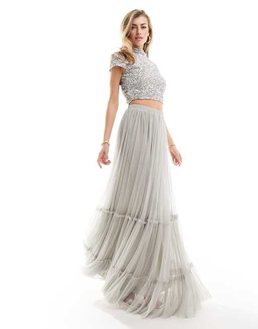 Beauut - Jupe d'ensemble longue en tulle à volants étagés - Gris