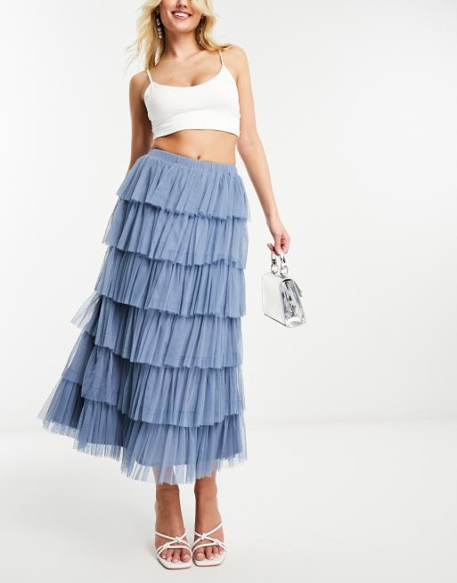 Beauut - Jupe longue en tulle à volants étagés - Bleu poudré