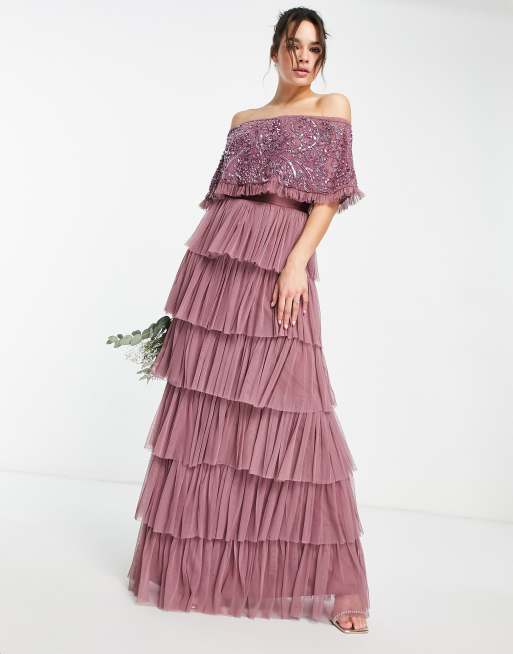 Beauut - Lange bruidsmeisjesjurk met bardothals, versiering en gelaagde tule rok in mauve 