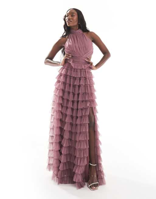 Beauut - L'invitée - Robe longue à col montant et dos ouvert avec jupe à volants - Rose