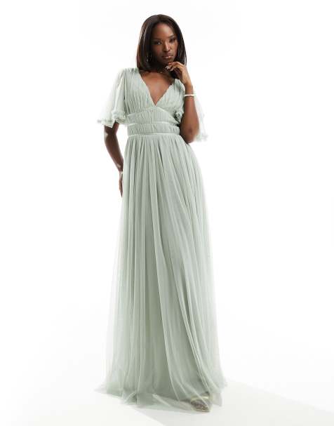 Beauut - L'invitée - Robe longue en tulle avec manches évasées - Vert sauge - view 1