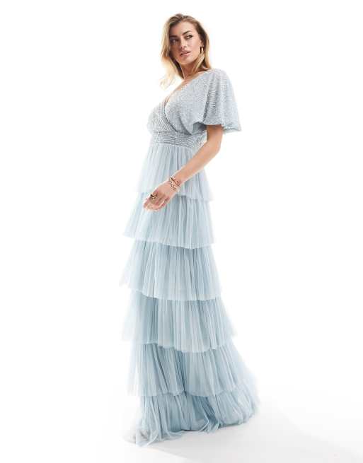 Beauut - L'invitée - Robe longue et ornementée à volants étagés - Bleu