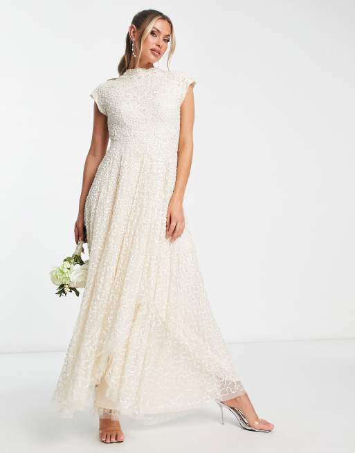 Beauut - L'invitée - Robe longueur mollet avec ornements contrastants - Taupe et crème 