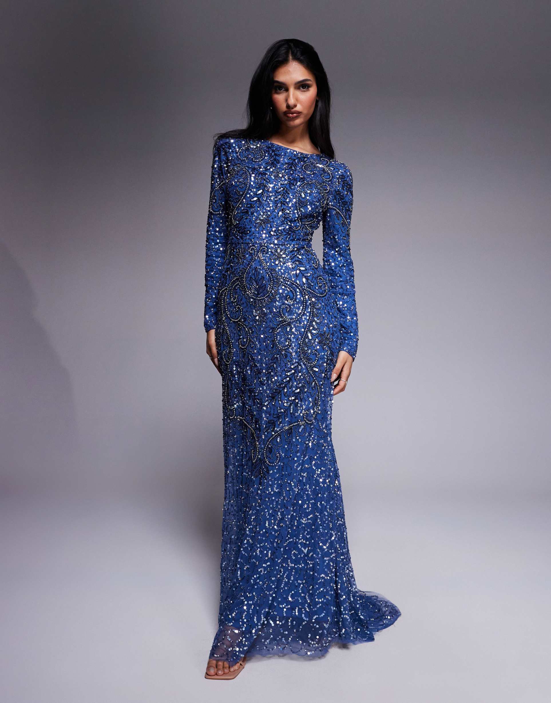 beauut maisa embellished long sleeve maxi dress in blue
