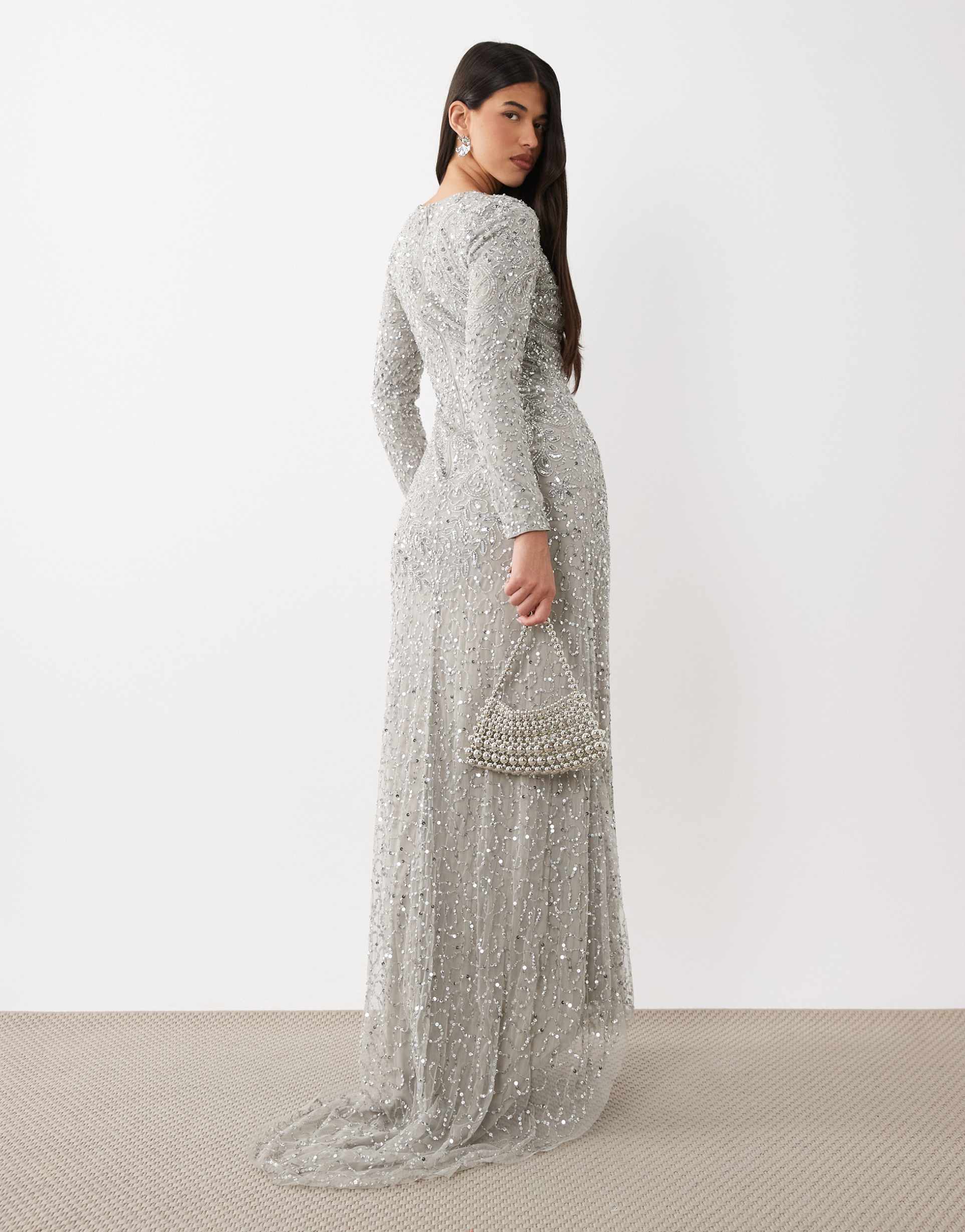 beauut maisa embellished long sleeve maxi dress in silver