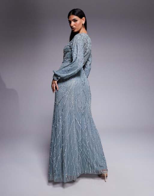 Beauut Maram long sleeve embellished maxi dress in misty green