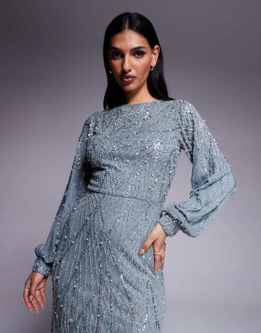 Beauut Maram long sleeve embellished maxi dress in misty green