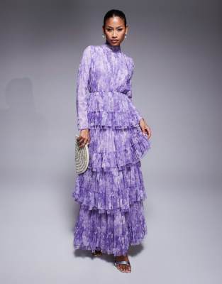 Beauut - Maryisa - Langärmliges, gerafftes Maxikleid in Lila mit Blumenmuster