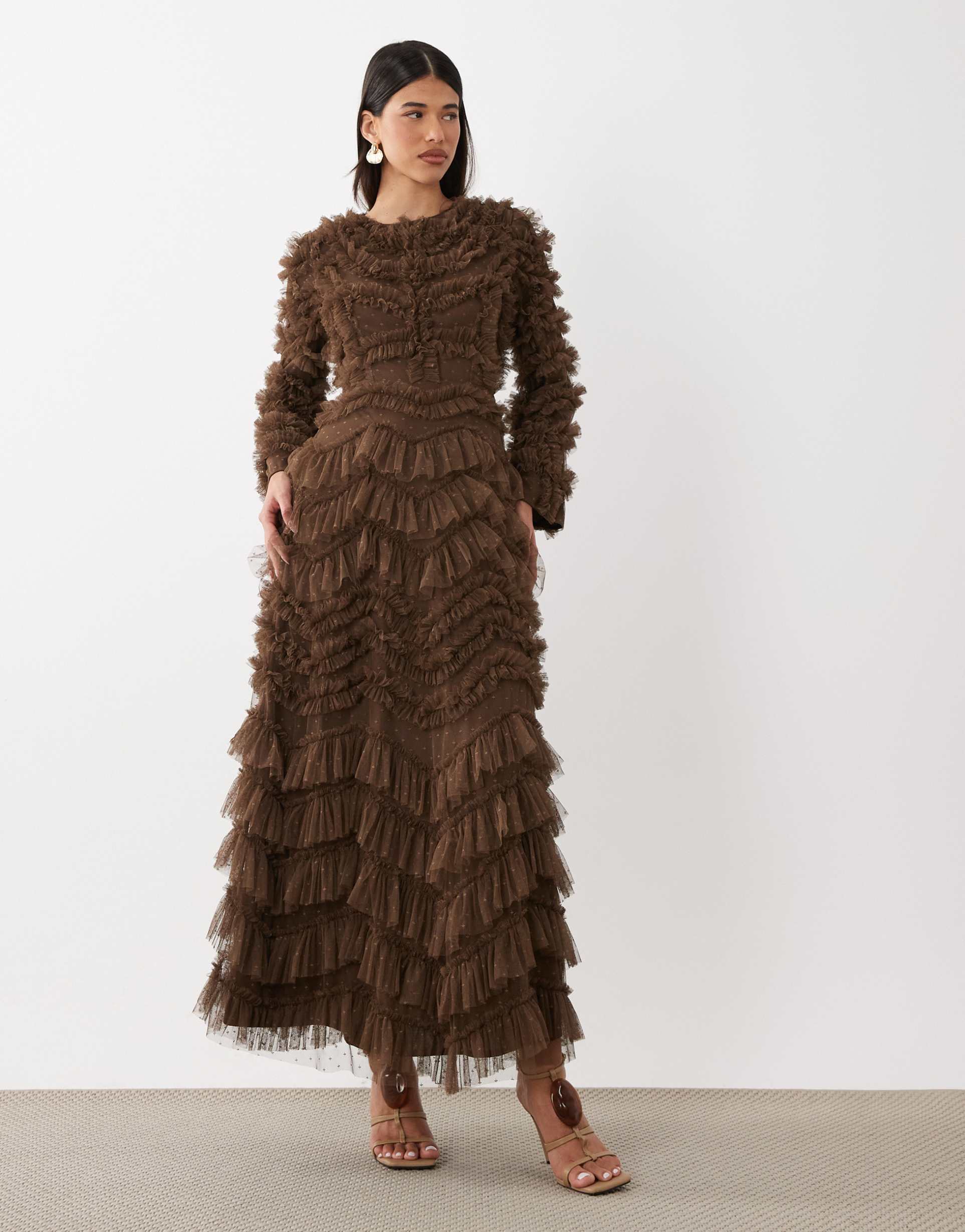 beauut maryisa long sleeve ruffle maxi dress in chocolate brown