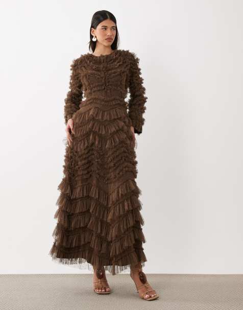 Beauut Maryisa robe longue à manches longues et volants couleur chocolat - view 1